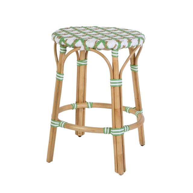 Green Ballito 24.5 in. Seat Height Oval Rattan Counter Stool with Footrest, French White, Green & Brown For Sale - Image 8 of 8