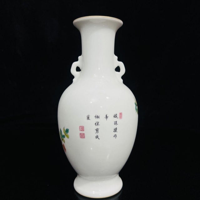 Traditional Pair of Vintage Famille Rose Porcelain Vases With Pomegranate and Bird Motif For Sale - Image 3 of 8