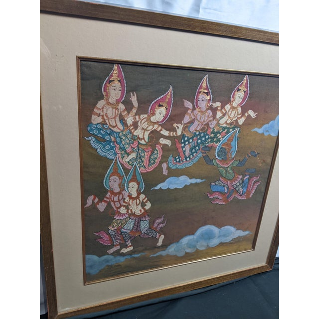Late 20th Century Pair of Thai Celestial Figure Paintings on Fabric, Gilt Frames For Sale - Image 13 of 14
