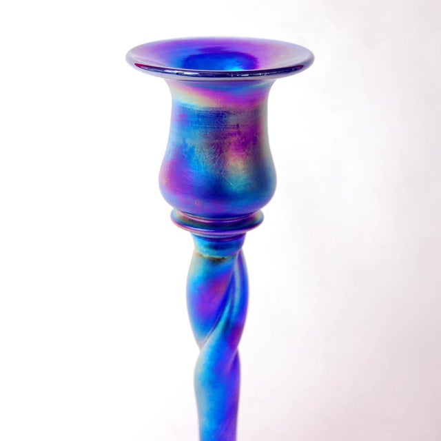 Aurene Blue Glass Candlesticks by Carder, Set of 2 For Sale - Image 4 of 8