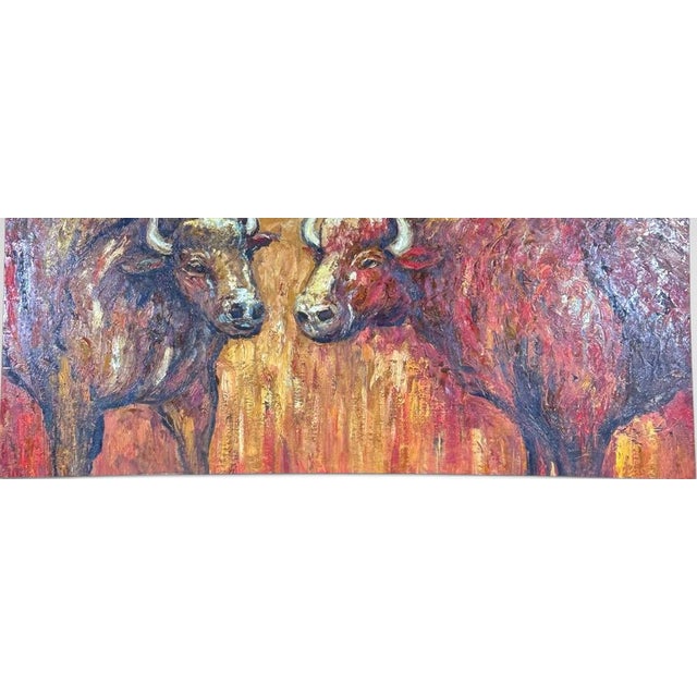 Late 20th Century Late 20th Century Oversized Mid-Century Western Expressionist Bison Buffalo Original Impasto Oil Painting Gallery Wrap Canvas For Sale - Image 5 of 12
