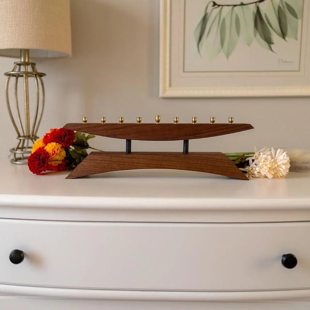 Mid-Century Modern Walnut & Brass Menorah – “East of the Sun” For Sale - Image 4 of 6
