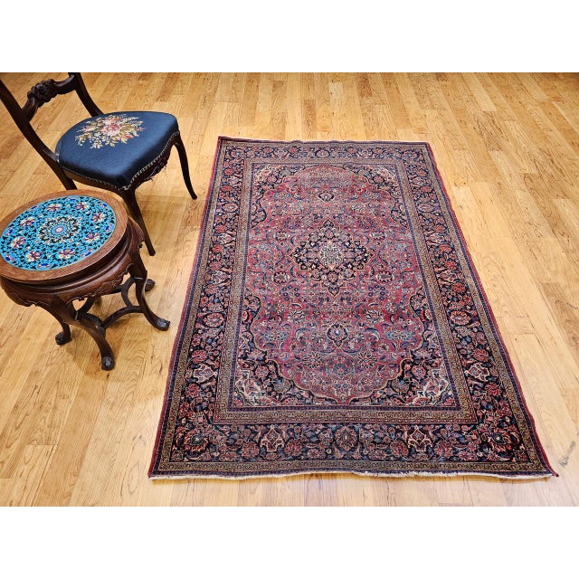 Red Vintage Persian Kashan Rug, Hand-Knotted Wool & Cotton, Floral Pattern, Red & Navy, 4x6 For Sale - Image 8 of 18