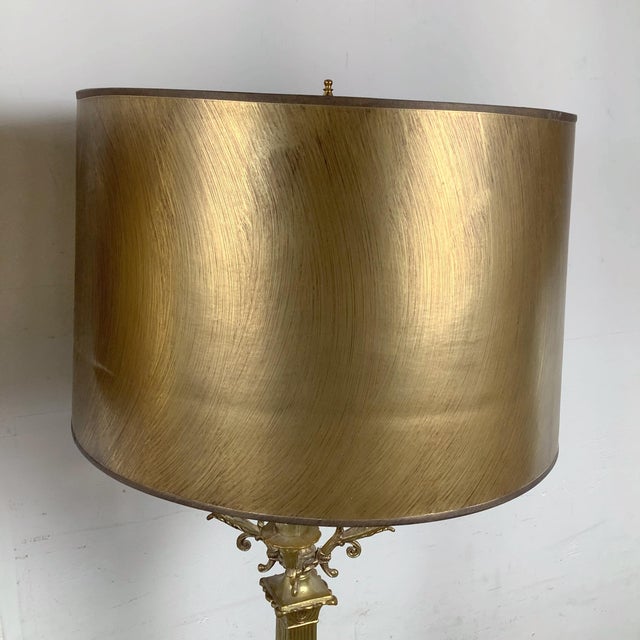 Mid 20th Century Pair of Neoclassical Brass Column Table Lamps in the Charles X Style With Candelabra Arms For Sale - Image 9 of 12