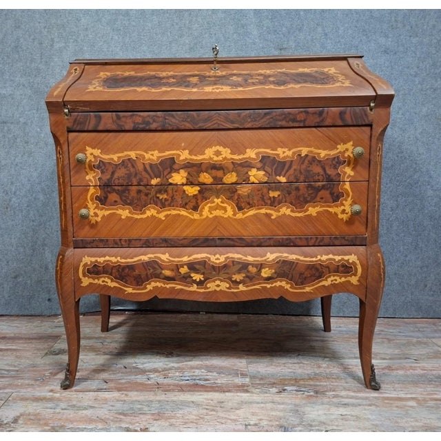 Brown Antique Louis XV Venetian Marquetry Slant-Front Desk Secretary For Sale - Image 8 of 14