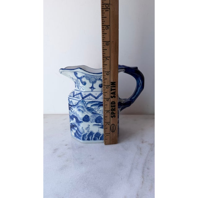 Vintage Style Chinoiserie Blue & White Octagonal Pitcher Vase - Figural Serpent Dragon Handle.. For Sale - Image 10 of 11
