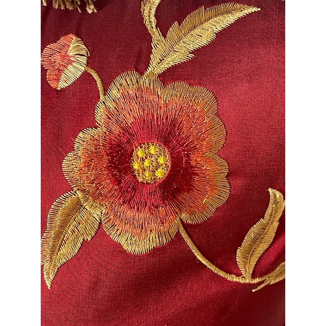 20 Th C Burgundy Ref Silk Embroidered Pillow With Tassels Feather Diwn Insert For Sale - Image 4 of 5