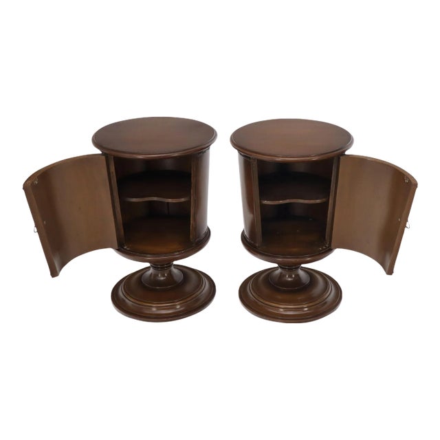 Pair of Round Barrel Shape One Door Compartment End tables Night Stands For Sale