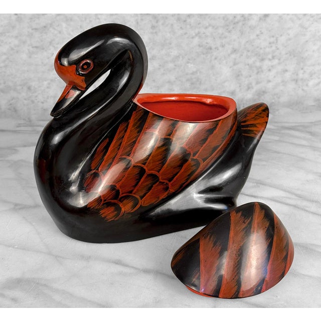 1940s Vintage Chinese Black & Red Lacquer Swan Storage Box Jar For Sale - Image 5 of 11