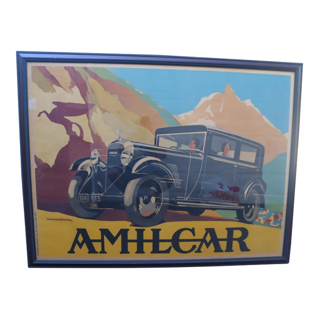 Vintage Framed French Automobile Poster Amilcar by Maurice Barbey 1932 For Sale