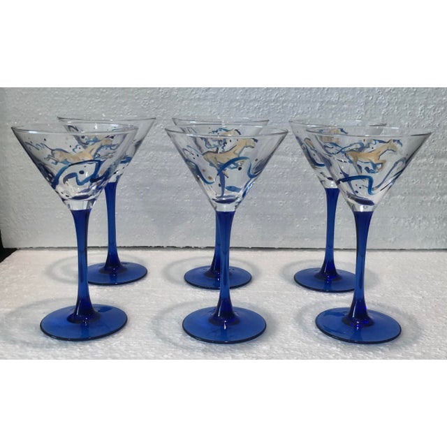 French Mid Century French Blue Hand Painted Equestrian Horse Martini Glasses - Set of 6 For Sale - Image 3 of 10