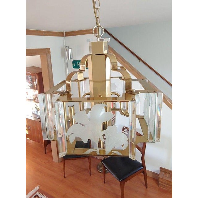 Postmodern 1980s Postmodern Fredrick Ramond Glass Brass Chandelier For Sale - Image 3 of 7