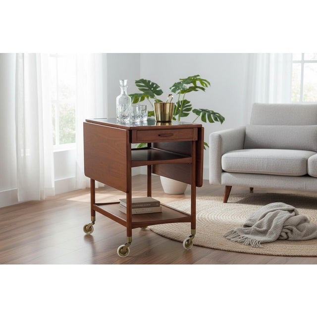 This elegant Danish modern bar cart showcases the perfect blend of functionality and timeless Scandinavian-inspired...