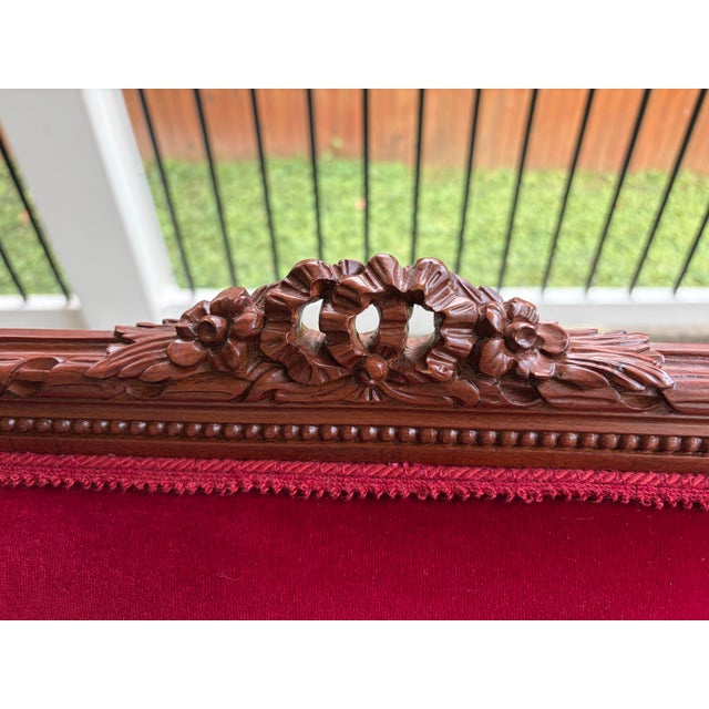 Wood Mid-20th Century Italian Louis XVI Style Carved Walnut & Crimson Velvet Sofa by Meroni Francesco For Sale - Image 7 of 10