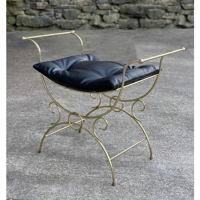 Vintage Art Deco Brass Vanity Seat Bench with Tuft Cushion, c. Mid 20th Century - Pairs Nicely with Many Eclectic Interior...
