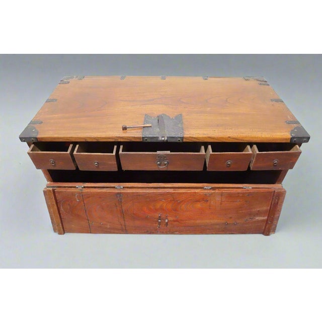 Gorgeous Antique Japanese Flip Down Chest With Unique Wrought Iron Hardware and Interior Drawers For Sale - Image 4 of 11