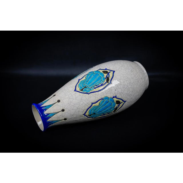 Art Deco Vase in Glazed Crackled Earthenware with Blue Flowers by Maurice Dufrene for Keramis, La Louviere, Belgium, 1920s For Sale - Image 10 of 15