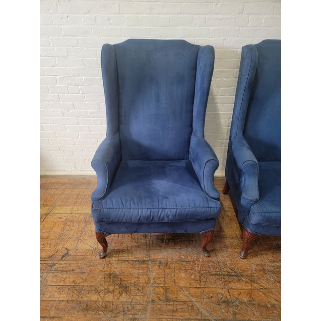 Vintage French Provincial Oversized Blue Velvet Wingback Chairs a