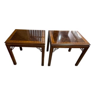 Pair of Vintage Drexel Heritage Chinese Chippendale Burlwood End Tables For Sale