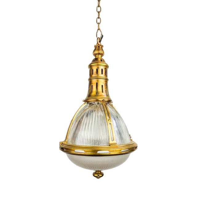Brass 2 Part Glass Holophane Pendant Light, Belgian, 1890s For Sale
