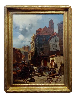 Charles Hoguet 1860 Distressed Parisian Neighborhood Scene-Oil Painting