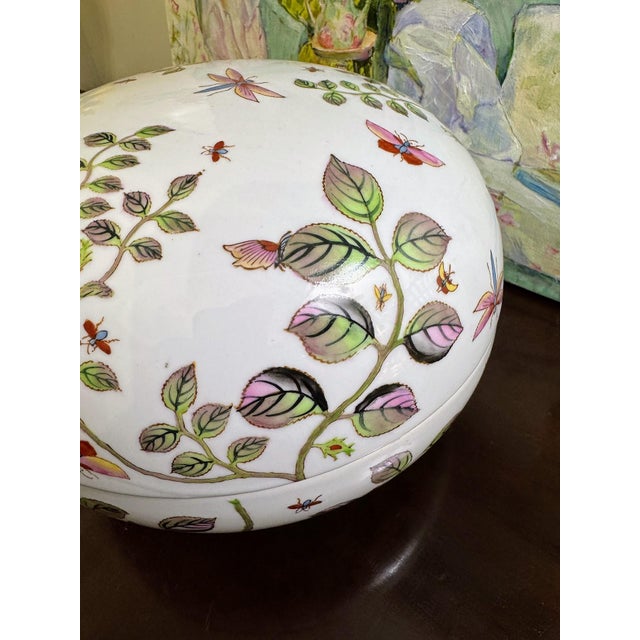 Large Chinoiserie Porcelain Lidded Box Centerpiece With Butterflies Dragonflies and Floral Design For Sale - Image 4 of 9