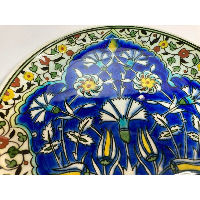 Blue Moorish Floral Design Polychrome Hand Painted Ceramic Decorative Plate For Sale - Image 8 of 12