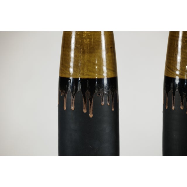 Ceramic Artisan Slim Ochre and Black Ceramic Vases with Drip-Glaze Tops - A Pair For Sale - Image 7 of 18