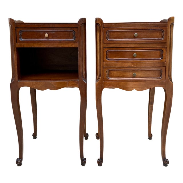 French Walnut Nightstand with Drawers and Shelf, 1950s, Set of 2 For Sale