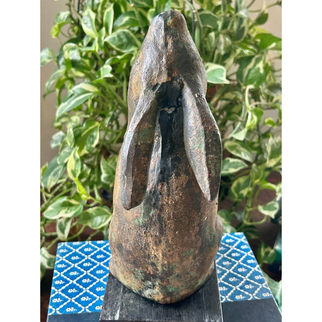 Mid-Century Japanese Cast Iron Rabbit Okimono Sculpture With Verdigris Patina on Display Base For Sale - Image 4 of 10