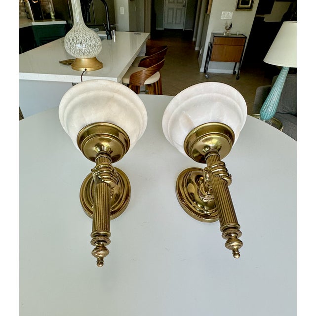 French Devoluy Hand Torch Brass Wall Sconces For Sale - Image 4 of 18