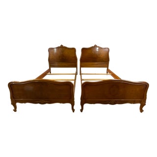 1970s Baroque Carved French Provincial Burl Wood Twin Bed Frames - a Pair For Sale