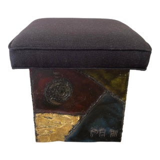 Vintage 1970s Paul Evans Brutal Patchwork Metal Ottoman Stool For Sale
