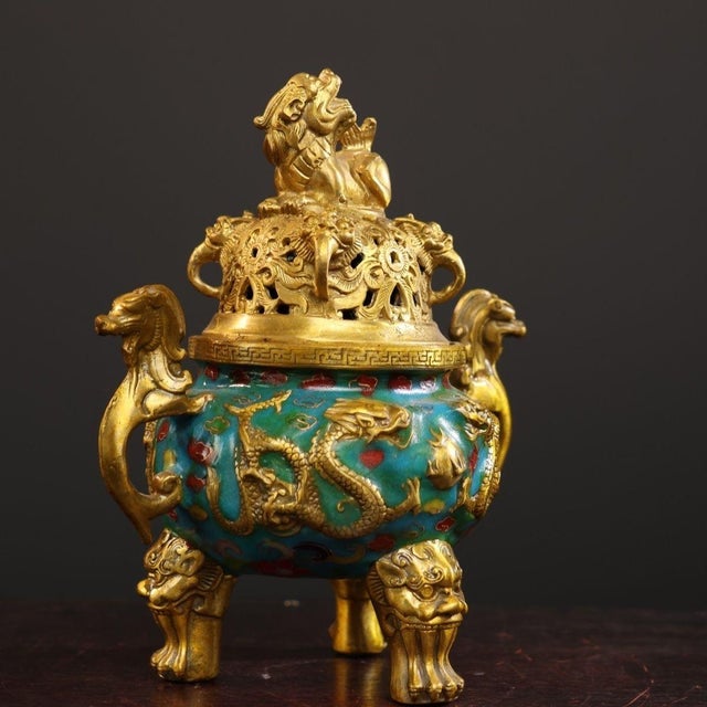 Late 20th Century Cloisonné Enamel Dragon Censer With Gilt Guardian Lion Finial For Sale In Los Angeles - Image 6 of 10