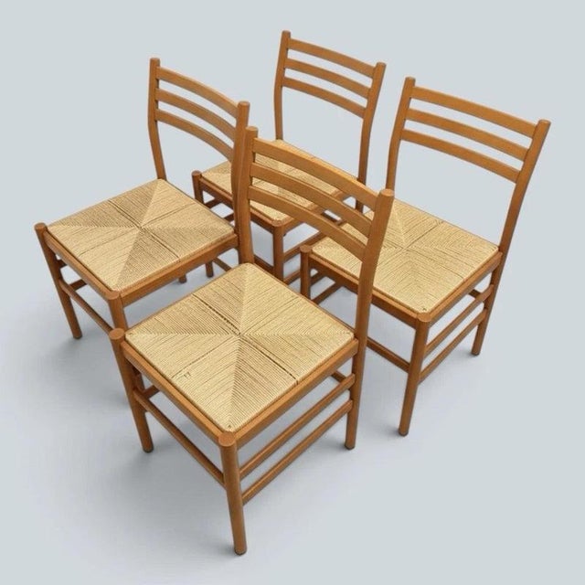 Modern Mid-Century Italian Beech and Rush Ladderback Dining Chairs, Set of 4 For Sale - Image 3 of 9