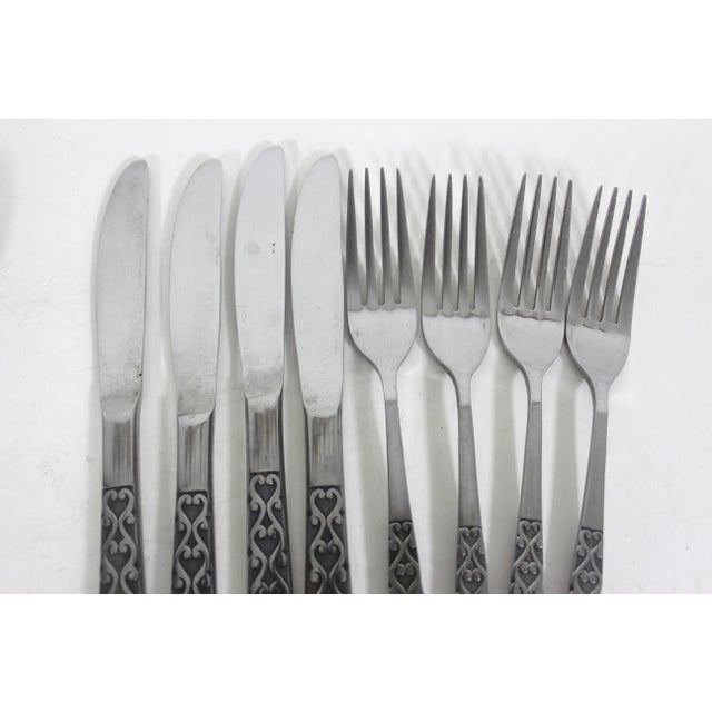 1960s Malta Japanese Mid Century Modern 4 Piece Setting for 4 Stainless Steel Black Detail Matching MCM Spoons Forks Knives 16 Pieces For Sale - Image 4 of 10