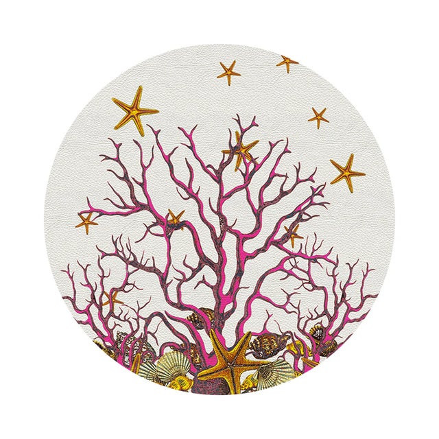 2020s Coral Reef Vegan Leather Round Pebble Placemat, White Pink, Set of 4 For Sale - Image 5 of 5