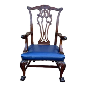 Mid 20th Century Vintage Chippendale Style Mahogany Leather Armchair