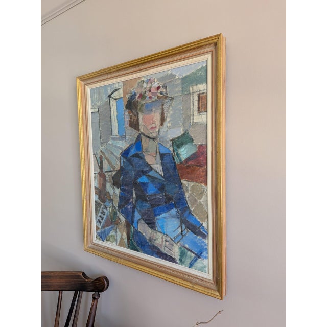 Mid 20th Century Mid-Century Modern 'Woman in a Blue Coat' Vintage Swedish Cubist Figurative Oil Painting, Framed For Sale - Image 5 of 11