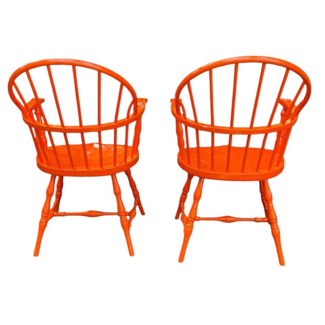 This is a pair of dark orange cast metal Windsor Chairs, dating to the 1980s. The pair is capable of being used outside as...