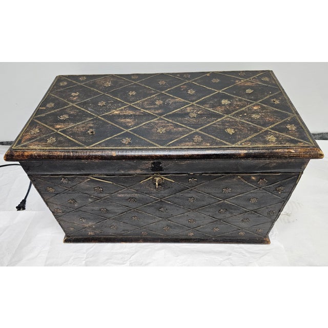 Solid Painted Wood and Ornate Metal Mounted Strongbox Measures 24" in width, 13" in depth and 14.5" in height.