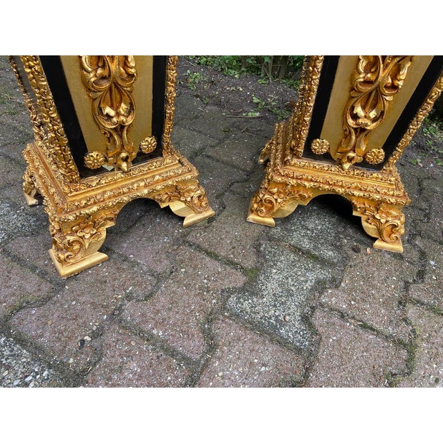1990 French Louis XVI Gold Black Beech Wood Marble Pedestals Pair For Sale - Image 12 of 12
