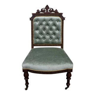 Mid 19th Century Incredible Inlaid Victorian Carved Vanity, Desk, Side Chair, New Upholstery For Sale