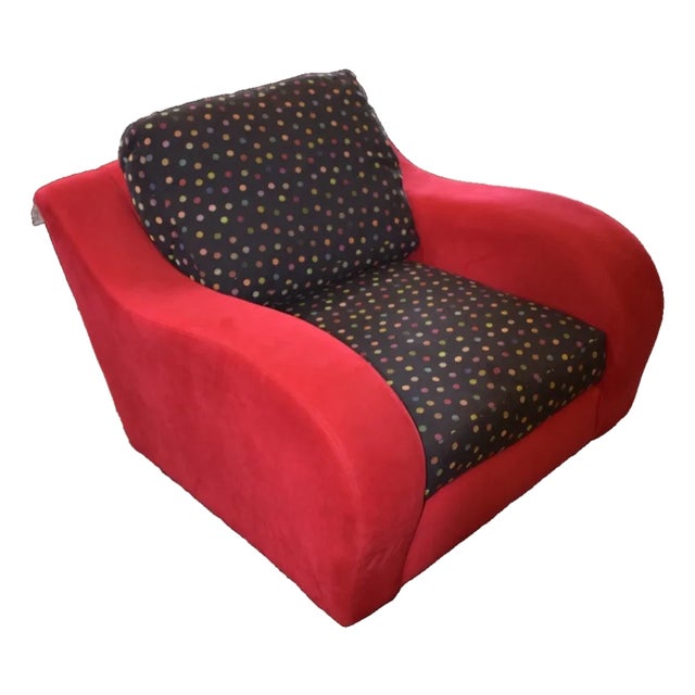 1990s Mid Century Modern Style Thayer Coggin Red Microfiber Polka Dot Lounge Chair For Sale