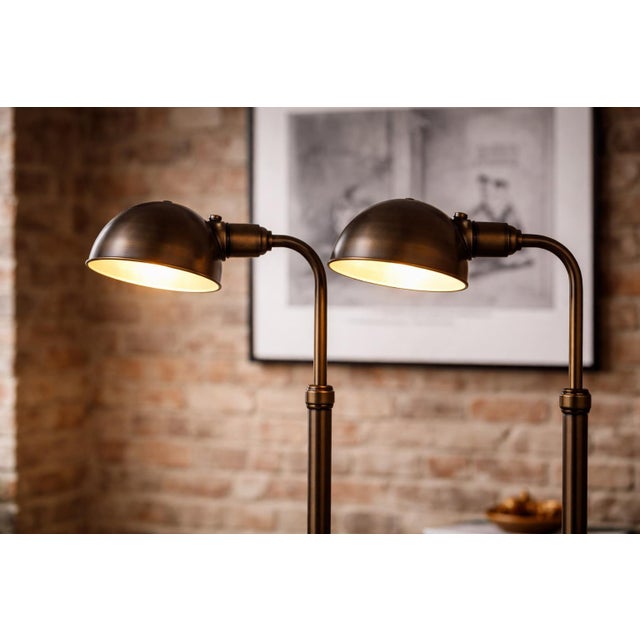 Brass Late 20th Century Adjustable Brass Crane Arm Floor Lamps — Directional Swivel Heads, Height-Adjustable Columns (54”) - a Pair For Sale - Image 8 of 9