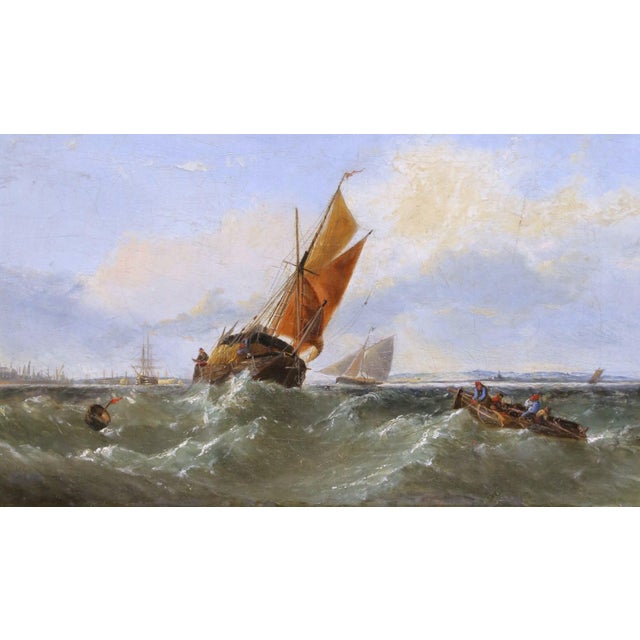 English 19th Century English Marine Oil Painting of Fishing Vessels in Rough Seas For Sale - Image 3 of 12
