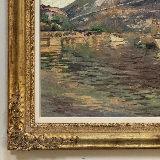 Sky Blue Antique Framed Painting on Canvas 'Harbor in Still Light' Signed by J. Gilbert For Sale - Image 8 of 15