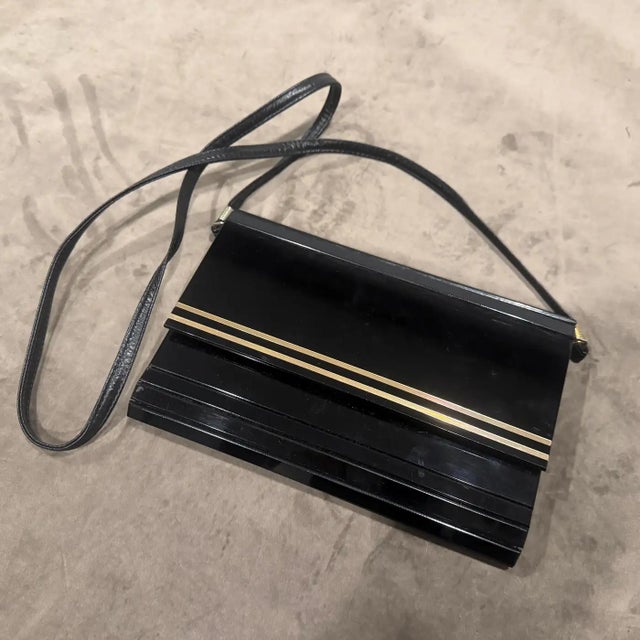 Art Deco 1970s Black Rodoide, Brass and Leather Italian Evening Bag For Sale - Image 3 of 15