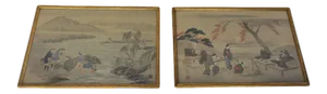 19th Century Japanese Paintings on Silk Large "Views of Edo" and "Fishing Scene of Fujiyama" - a Pair