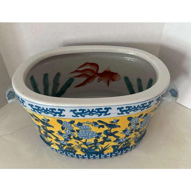 1990s Vintage Yellow & Blue Chinoiserie Foot Bath Planter For Sale - Image 5 of 9